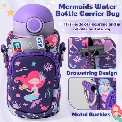 Water Bottle Carrier Bag with Strap for Kids - Water Bottle Bag Holder with Padded Strap Pocket 10/12/14/16/18Oz for Boys Girls School Walking Hiking Camping - style: Mermaids