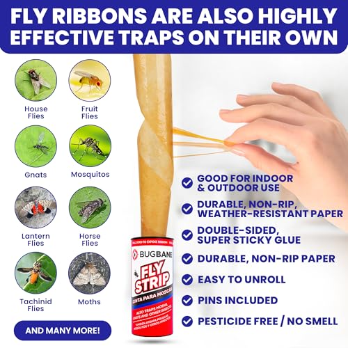 2 Fly Traps Outdoor Fly Trap for Patio with 4 Non-Toxic Dissolvable Bait Refills and 12 Sticky Ribbons. Reusable Hanging Bug Catcher Killer for All Filth Flies for Outside Bug Control Yard Ranch