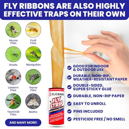 2 Fly Traps Outdoor Fly Trap for Patio with 4 Non-Toxic Dissolvable Bait Refills and 12 Sticky Ribbons. Reusable Hanging Bug Catcher Killer for All Filth Flies for Outside Bug Control Yard Ranch