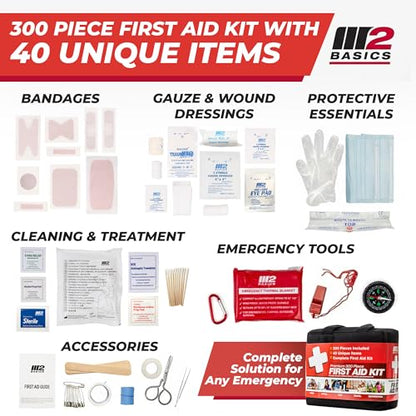 M2 BASICS 300 Piece Premium First Aid Kit w/Durable Bag for Home, Business | Office, Workplace, Car, Garage, Kitchen, Family, Classroom, Jobsite, Warehouse, School, Vehicle And Emergency Preparedness - size: 300 Piece Set