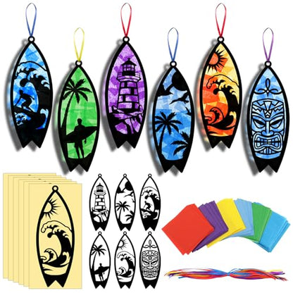 AmazingSpark 30 Pcs Surfboard Suncatcher Craft Kit, Summer Beach DIY Art | Stained Glass Effect Tissue Paper, 6 Ocean Designs, Includes Frames and Colorful Papers, Bulk for Party Activities - style: Beach Surfboard