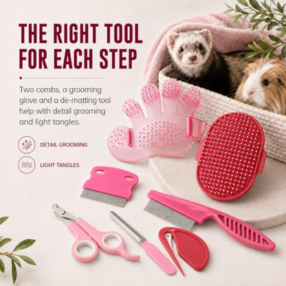 Rabbit Grooming Kit, 7-Piece Bunny Brush and Nail Care, Pink | 7 tools for loose fur, combing, light tangles and nail care; for rabbits, guinea pigs, hamsters and ferrets - color: Pink