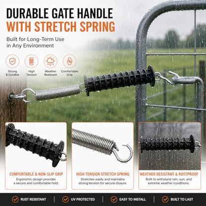 Heavy Duty PP Electric Fence Spring Gate Kit with Handles | With 10-Pack Insulators for Farm, Ranch, Garden, Toolless Strain Insulator Kit For Chain Link, Metal T-Post Farm Fence