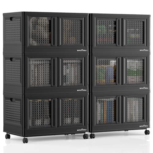 BROVIEW 600Qt Stackable Storage Bins with Lids, 150Gal Closet Organizers and Storage Drawer, Plastic Collapsible Storage Bins with Doors, Heavy Duty Store Box Cabinet for Home Kitchen, 6Pack Black - color: Black, size: 150 GAL