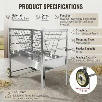 Galvanized Steel Feeder, 2 in 1 Livestock Feeder for Goats Sheep Lambs, Mobile Livestock Feeder with Built-in Wheels