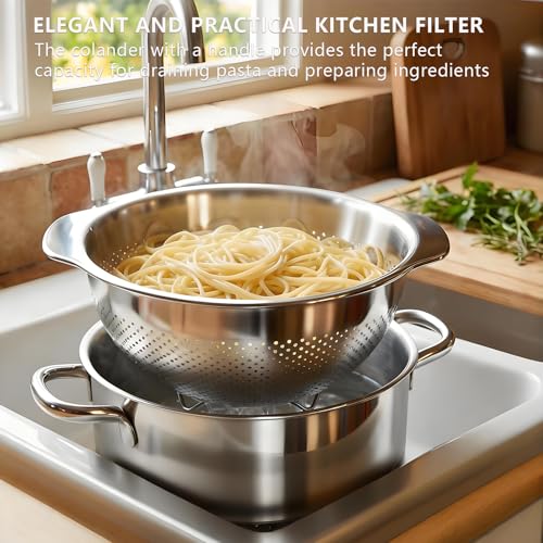 Stainless Steel Colander for Kitchen with Handle for Pasta (5QT) - size: 5QT
