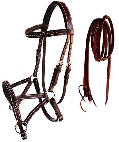 Horse Western Leather Tack Studded Bitless Sidepull Bridle Reins 77RS03 - color: Mahogany