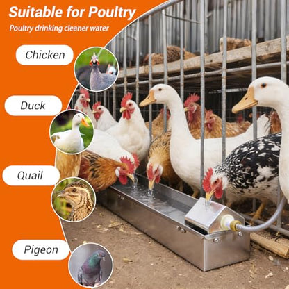 Automatic Chicken Waterer Dispenser 1 Gallon Large Stainless Metal Poultry Waterer Feeder Hanging Chicken Watering System with Float Valve Hose Kit for Pigeon Duck Goose Turkeys for Chicken Coop