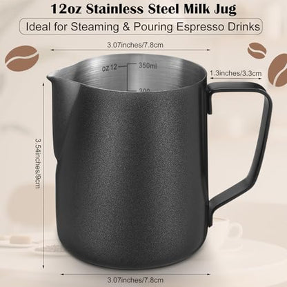 Honeydak 6 Pcs Milk Frothing Pitcher 304 Stainless Steel Steaming Pitchers for Coffee Bar Cappuccino Barista Tools Milk Jug Steamer Frother Cup (12 oz) - color: Black, size: 12 oz