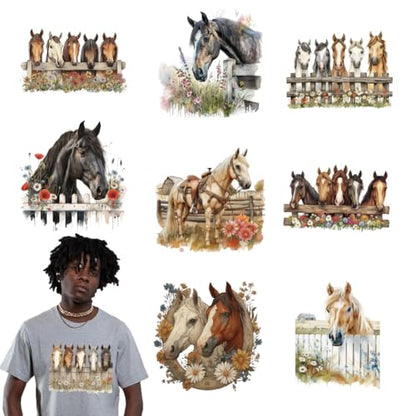 arricraft 9 Sheets Horses Theme Iron on Stickers, Flowers Fences Horses Pattern Print Transfer Stickers Decals for DIY T-Shirt Jeans Backpacks Families Clothing Hat Decoration Applique - style: Horses Theme