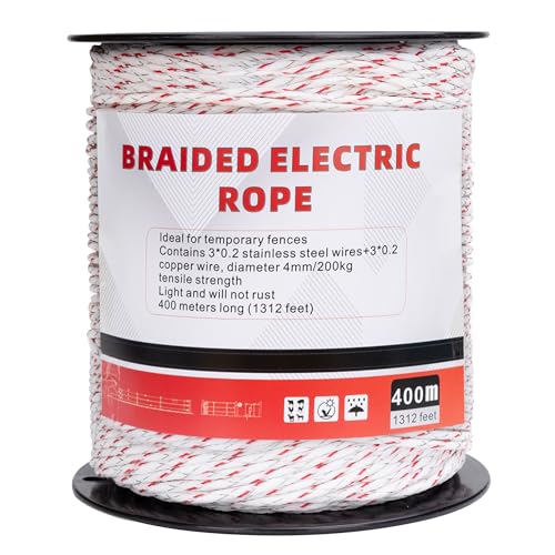 Electric Fence Braided Wire, 1312 Feet, 4mm Diameter, Strength 200kg, Red | 3x0.2mm steel&3x0.2mm copper, Fits any reel for horses, 4X high conductivity, rustproof, weaving technique less to fall apart - color: Red