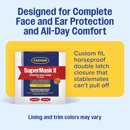 Farnam SuperMask II Horse Fly Mask with Ears, Extended Coverage Equine Fly Protection, Protects Eyes from Insects, Debris & UV, Adjustable Throat Latch, Plush Fleece Trim, Average Size (Pack of 2) - size: Standard Horse (Pack of 2)