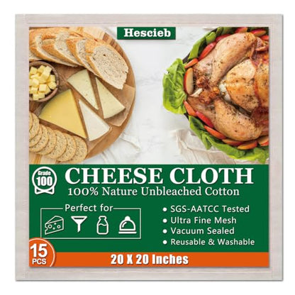 15 Pcs Cheese Cloths, SGS Tested 100% Unbleached Cotton, 20x20 Inch Grade 100 Reusable Cheese Cloth With Ultra-Fine Mesh, Reusable Muslin Cheesecloth for Straining,Juicing,Cooking Turkey, Baking - color: 15 Pcs