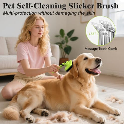 2PCS Self Cleaning Slicker Brush & Dog Comb - Skin Friendly Deshedding Grooming Tool for Dogs, Cats and Small Animals, Professional Deshedding Dematting Tool for Long and Short Haired Pets (Green) - color: Green
