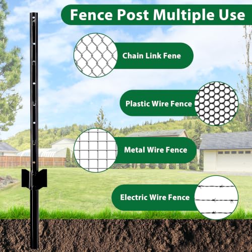 HITTITE 6 Feet Metal Fence Post, 15 Pack U-Post Support Stakes with Anchor Plate, Heavy Duty Steel Garden Fence Stakes, No Dig Fence Posts for Wire Fencing, Yard, Lawn and Farm, Black - size: 6 FT-15 PACK-SPLICING