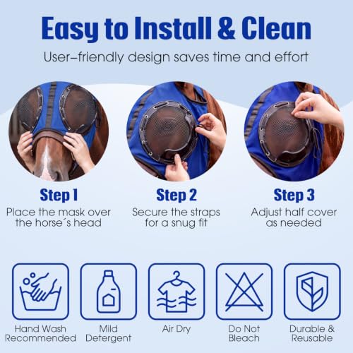 Adjustable Horse Fly Mask with Detachable Blinker, 60% UV Protection - color: Blue