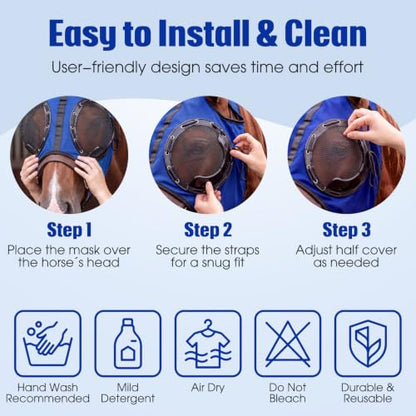 Adjustable Horse Fly Mask with Detachable Blinker, 60% UV Protection - color: Blue