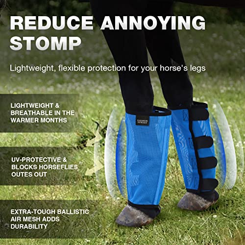 Harrison Howard Loose Fitting Fly Boots UV-Protective Extra Tough Mesh Ventilated Four Fasteners Stay-on Design Protect Horse Legs & Stomp-Reducing Set of 4 Sky Blue Mini - color: Sky Blue, size: Mini
