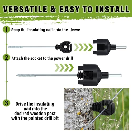 Tandefio 25 Pcs Electric Fence Insulator with Tool, Screw in Long Arm | Black Plastic Wood Post, Galvanized Steel Screw, Long Arm Wire Support, Socket Tool, Agricultural Garden Animal Fence