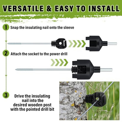Tandefio 25 Pcs Electric Fence Insulator with Tool, Screw in Long Arm | Black Plastic Wood Post, Galvanized Steel Screw, Long Arm Wire Support, Socket Tool, Agricultural Garden Animal Fence