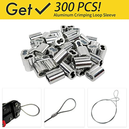 1/16 Wire Rope, 1000FT 304 Stainless Steel Cable with 300Pcs Crimp Sleeves, Aircraft Grade, 7x7 Strand, 368lbs Breaking Strength, for Garden Trellis, Clothesline, Railing,Trellis - size: 1000 ft