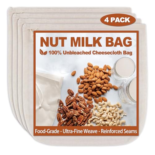 4 Pcs 12"x12" Nut Milk Bag with SGS Tested 100% Nature Unbleached Cotton, Premium Cheesecloth Bags for Straining, Reusable Nut Bag Strainer for Making Almond & Nut Milks, Cold Brew, Yogurt, Juicing - color: cheesecloth bags - 4 Pcs