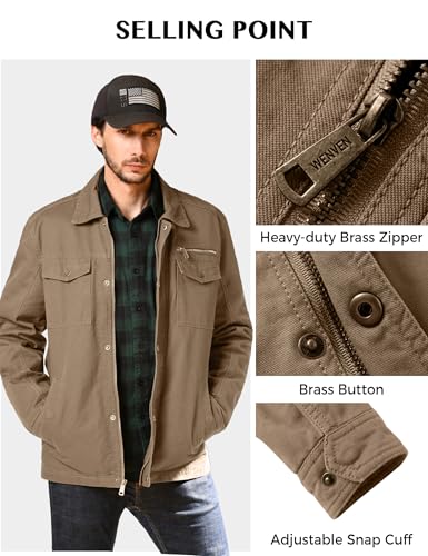 WenVen Men's Casual Canvas Cotton Military Lapel Jacket - color: Khaki, size: Small