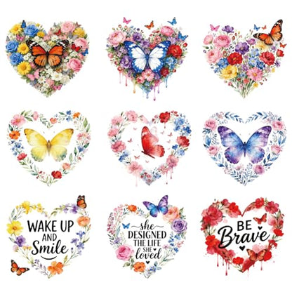 arricraft 9 Sheets Heart Plant Iron on Stickers, Butterflies Heart Flowers Pattern Print Transfer Stickers Decals for DIY T-Shirt Jeans Backpacks Families Clothing Hat Decoration Applique - style: Butterflies Heart Flowers Theme