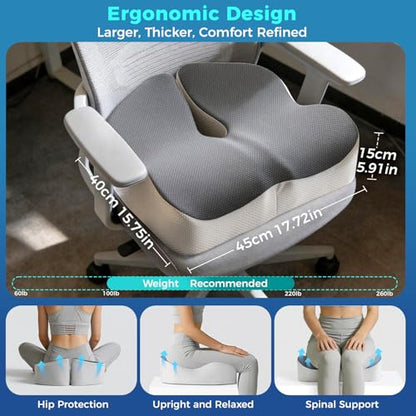 Office Chair Seat Cushion, Adjustable Height Memory Foam Cushion with Coccyx Cutout,Thick Ergonomic Seat Pad for Long Sitting, Tailbone Support for Desk Chair, Washable Cover