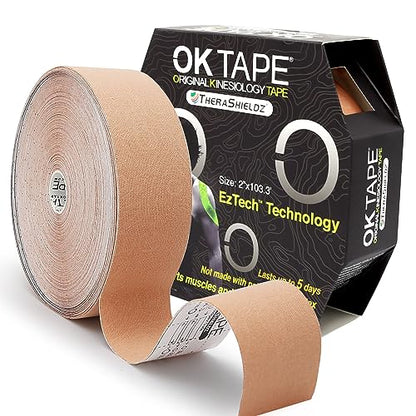 OK TAPE Kinesiology Tape Bulk 103Feet, Pro Adhesive, Water-Resistant k Tape, Elastic Athletic Tape, Latex Free, Uncut, Beige | Elastic Physical Therapy Tape for Pain Relief, Muscle Support, Kinetic Tape, Latex Free, Uncut Roll, Beige - color: Beige