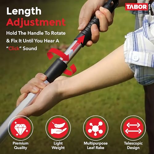 TABOR TOOLS J16A Adjustable Metal Leaf Rake with Expandable Head 8-23", Collapsible & Telescopic Grass Rake for Lawns, Garden & Yard, Ideal for Leaves, Shrubs & Small Areas