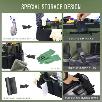 SCAVATA Wearable Cleaning Caddy Organizer with Handle & Shoulder Straps for Housekeepers, Under Sink & Car Cleaning Tool Organizer Bag with 4 Foldable Dividers (Green) - color: Green