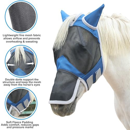 Horse Fly Mask with Ears & Long Nose, Fine Mesh Royal Blue Full - color: Royal Blue, size: Full
