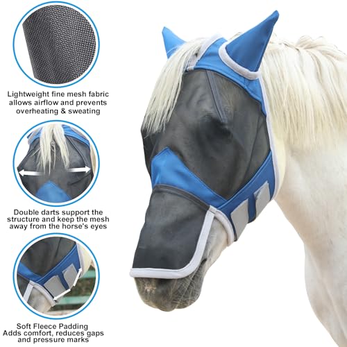 Horse Fly Mask with Ears & Long Nose, Fine Mesh Royal Blue Full - color: Royal Blue, size: Full