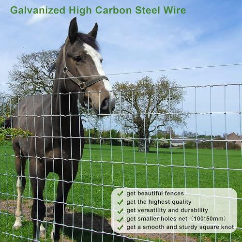 4 ft x 100 ft Galvanized Horse Fence,2 x 4 in Mesh Farm Fence, 14 Gauge | No-climb farm fencing for horses, goats and sheep; suitable for livestock enclosures, paddocks, pastures, fields and farms