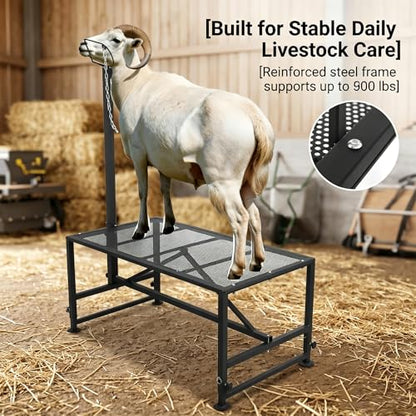 Sheep Stand 51"x23" 900 lb Capacity, Adjustable Height 21"-33" Goat Stand for Trimming Hooves and Milking, Metal Stand with Headpiece and Nose Loop – Black