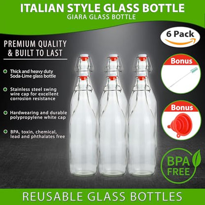 Flip Top Glass Bottle [1 Liter / 33 fl. oz.] [Pack of 6] – Swing Brewing with Stopper for Beverages, Oil, Vinegar, Kombucha, Beer, Water, Soda, Kefir Airtight Lid & Leak Proof Cap Clear - size: 33