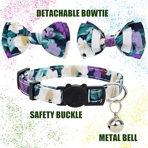 Collar for Cat Pet Breakaway with Bell Bowtie Detachable Bow Adjustable Safety Kitten Puppy Girl Boy 2pcs Yellow & Purple Oil Painting - color: Oil Painting-Yellow & Purple