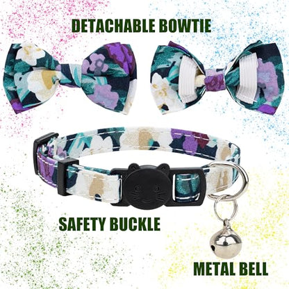Collar for Cat Pet Breakaway with Bell Bowtie Detachable Bow Adjustable Safety Kitten Puppy Girl Boy 2pcs Yellow & Purple Oil Painting - color: Oil Painting-Yellow & Purple