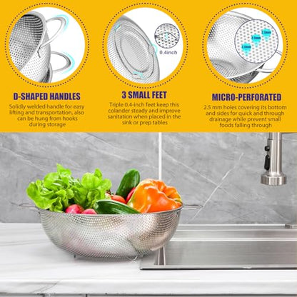 E-far 3QT & 5QT Colander Set of 2, Stainless Steel Micro-Perforated Colander Strainer with Handle for Kitchen/Draining Pasta/Rinsing Vegetables Fruits, Heavy Duty Metal & Dishwasher Safe - size: 3 + 5 QT
