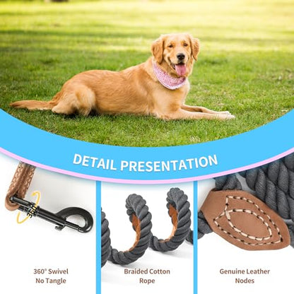 Mile High Life Dog Leash Braided Cotton Rope with Leather-Reinforced Ends - color: Dark Grey, size: 18 Inch-1/2"
