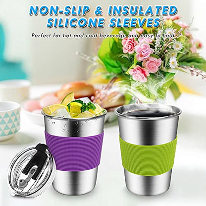 ShineMe Kids Cups with Straws and Lids, 12oz Spill Proof Toddle Straw Cups with Sleeves, Reusable Water Tumbler for Cold & Hot Drinks, Stainless Steel Sippy Cup 6 Pack - color: purple,red,yellow,blue,green,orange