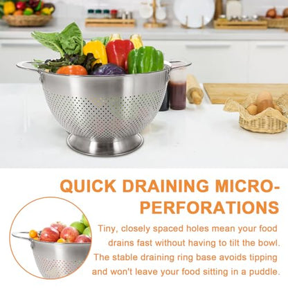 Stainless Steel Colander for Kitchen | 5 Quart Durable Rice and Pasta Strainer with Handle | Oversized Handles | Nesting Design | Rust-Resistant & Dishwasher Safe - size: 5 QT