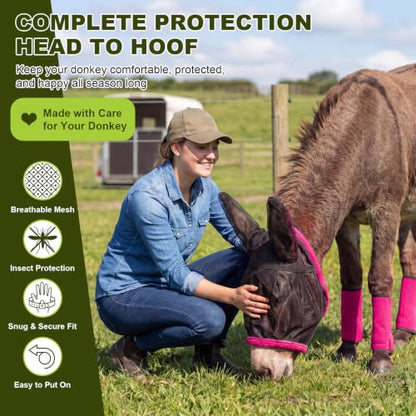 Mini Donkey Fly Mask with Ears and 4 Set Donkey Fly Boots Mule Leggings, Breathable Stretchy Mule Leg Wraps Mask Boots with Mesh Eye Covers from Insects and Bugs with Adjustable (Rose Red) - color: Rose Red