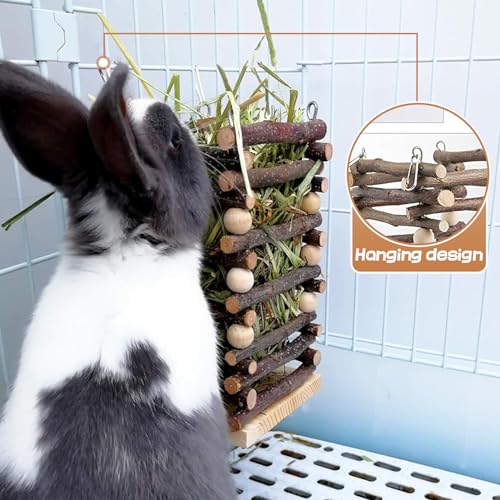 Hanging Apple Wood Rabbit Hay Feeder for Chinchilla Bunny Hamster Gerbil