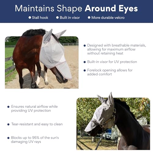 Horse Fly Mask with Nose Cover & Ears, UV Eye Protection, Medium/Large