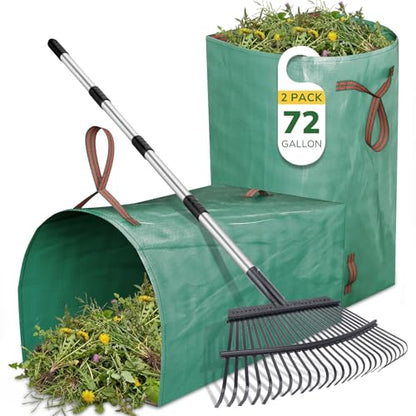 GreatBuddy Leaf Rake and Leaf Bags Combo, Adjustable Metal Garden Rake 29''-72'' 25 Tines, 2 Pack 72 Gallon Reusable Yard Waste Bags, Heavy Duty Lawn Rake with Dustpan Leaf Collector for Yard Cleanup - size: 25 tines & 72 gal 2 packs