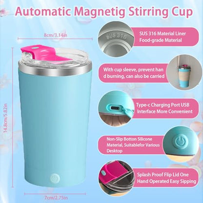 Self Stirring Coffee Mug With Lid, 13.5oz Rechargeable 316 Stainless Steel Detachable Base Auto Mixing Cup, Fast Stirring for Coffee, Milk, Cocoa （Blue） - color: Blue