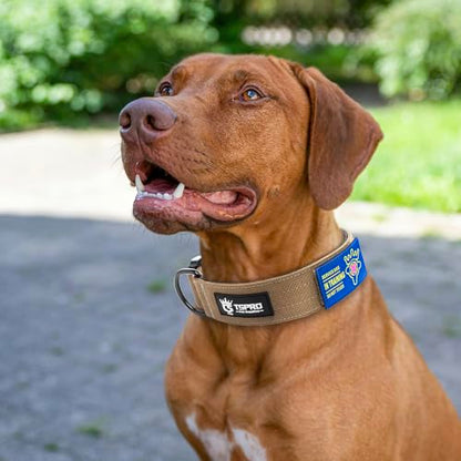 TSPRO Heavy Duty Tactical Dog Collar Quick Release Metal Buckle with Patch | Premium Dog Collar, Military Nylon, 1.5” Wide, Soft Padded, Thick, Personalized, Adjustable for Medium & Large Dogs (Khaki L) - color: Basic Khaki, size: L, Patch Style, Neck 18.