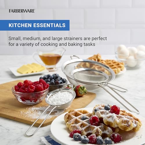 Farberware Stainless Steel Mesh Strainer Set of 3 - Fine Mesh Strainers for Kitchen, Small Medium Large Sizes for Draining Pasta, Rinsing Produce, Sifting, and Straining